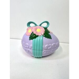 Vtg Atlantic Mold Ceramic 2pc Easter Egg Painted Bow 70s Spring Purple Floral